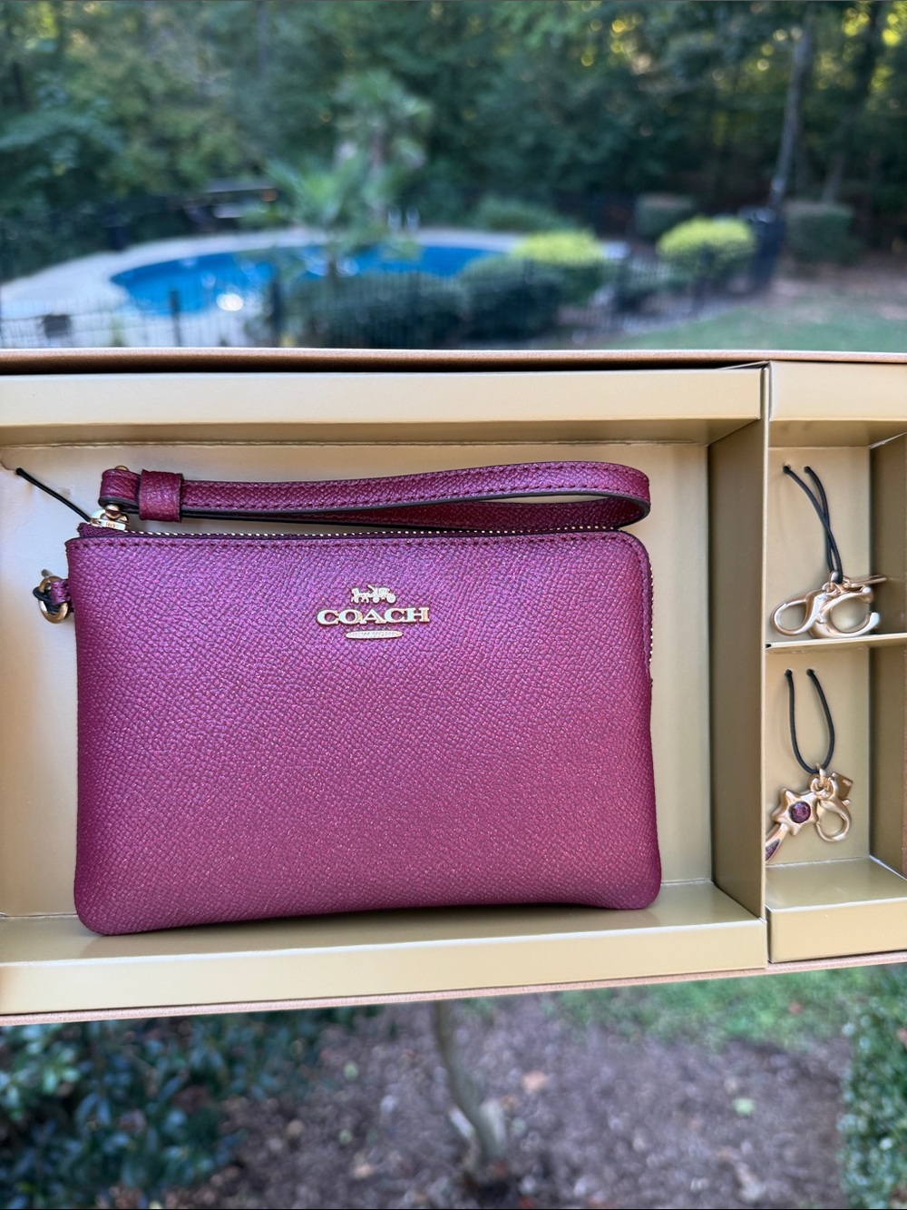 Coach Raspberry Pink Metallic Leather Wristlet Boxed Set with 2 Charms NIB